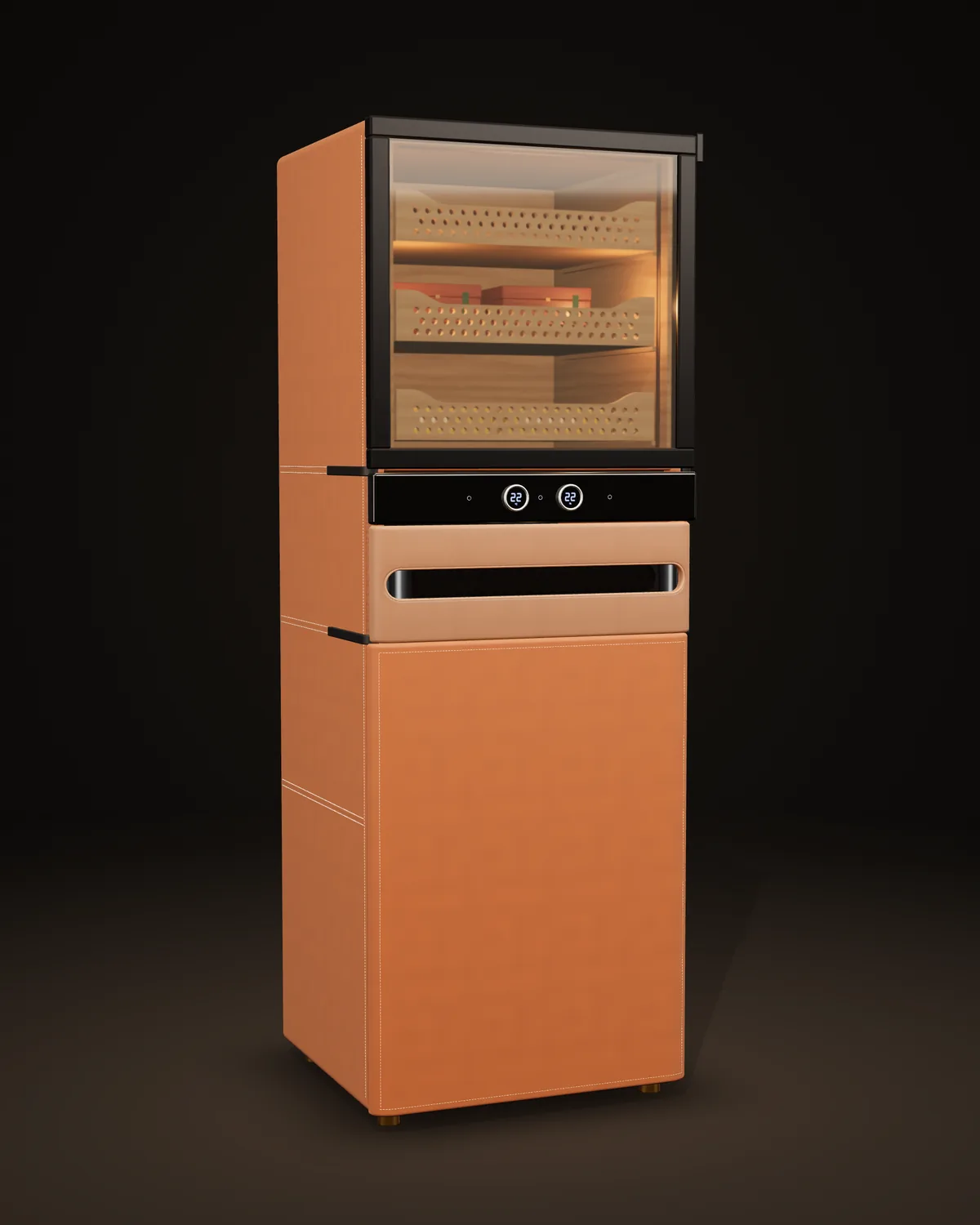 Vesper in tan leather with tonal stitching: a glazed cedar-lined upper chamber, a control strip, a windowed centre drawer and a lower chamber