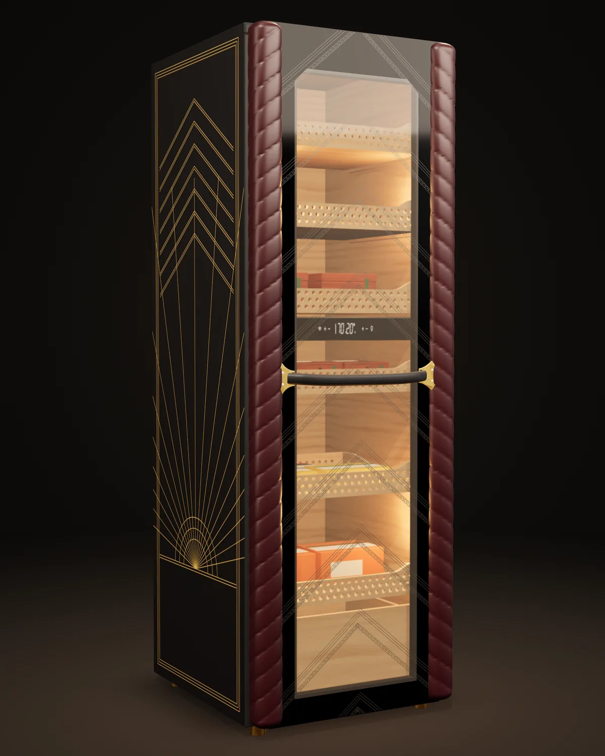 Vernissage: a tall humidor with an etched glass door, quilted burgundy leather pillars and black side panels traced in gold linework, its cedar shelves lit from within