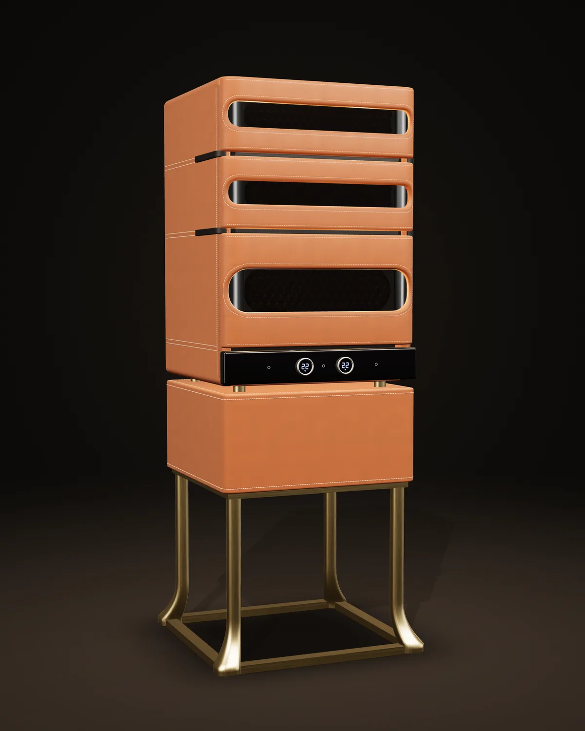 Tribuna in tan leather: three windowed leather drawers above a control strip and a leather chest, raised on a brushed gold stand