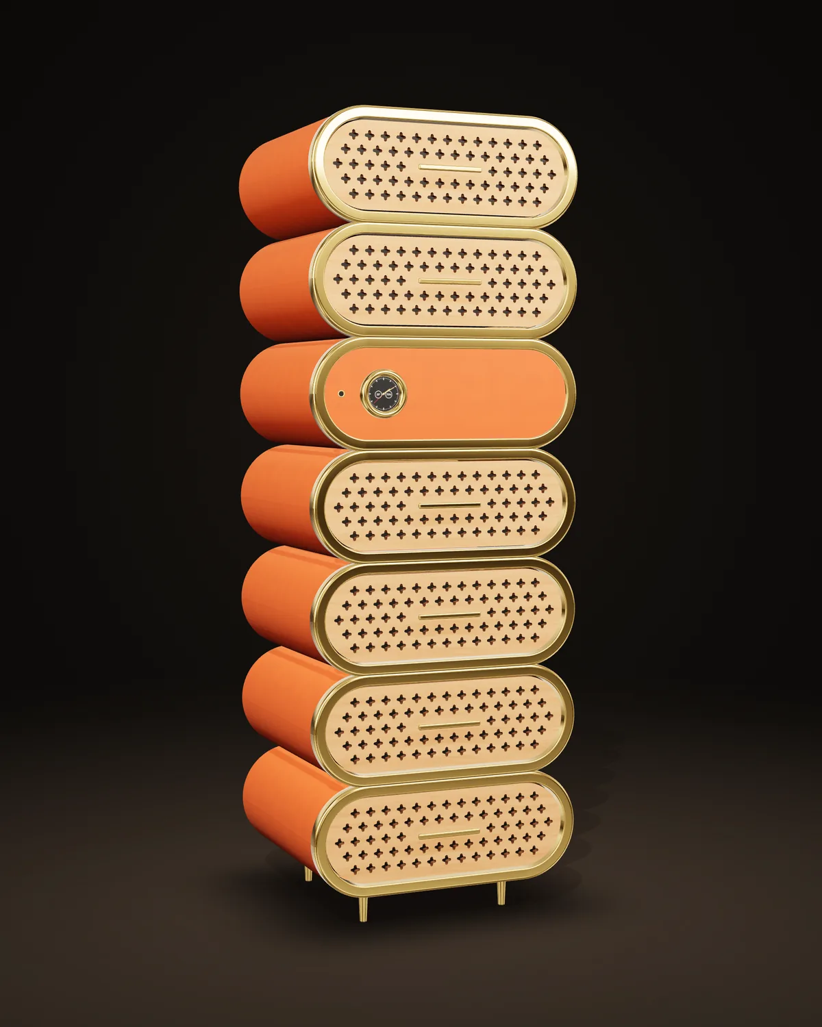 Campanile in orange leather: seven stacked capsule-shaped modules with polished gold rims, six of them cedar drawers with star cut-out fronts, on four short legs