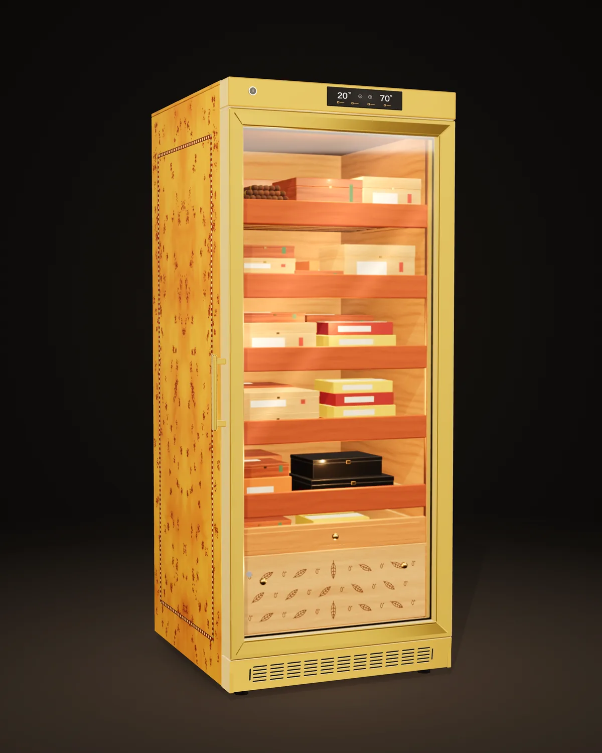 Nocturne in burl veneer with gold metalwork: a full-height glass door onto lit cedar shelves, a climate display in the top fascia
