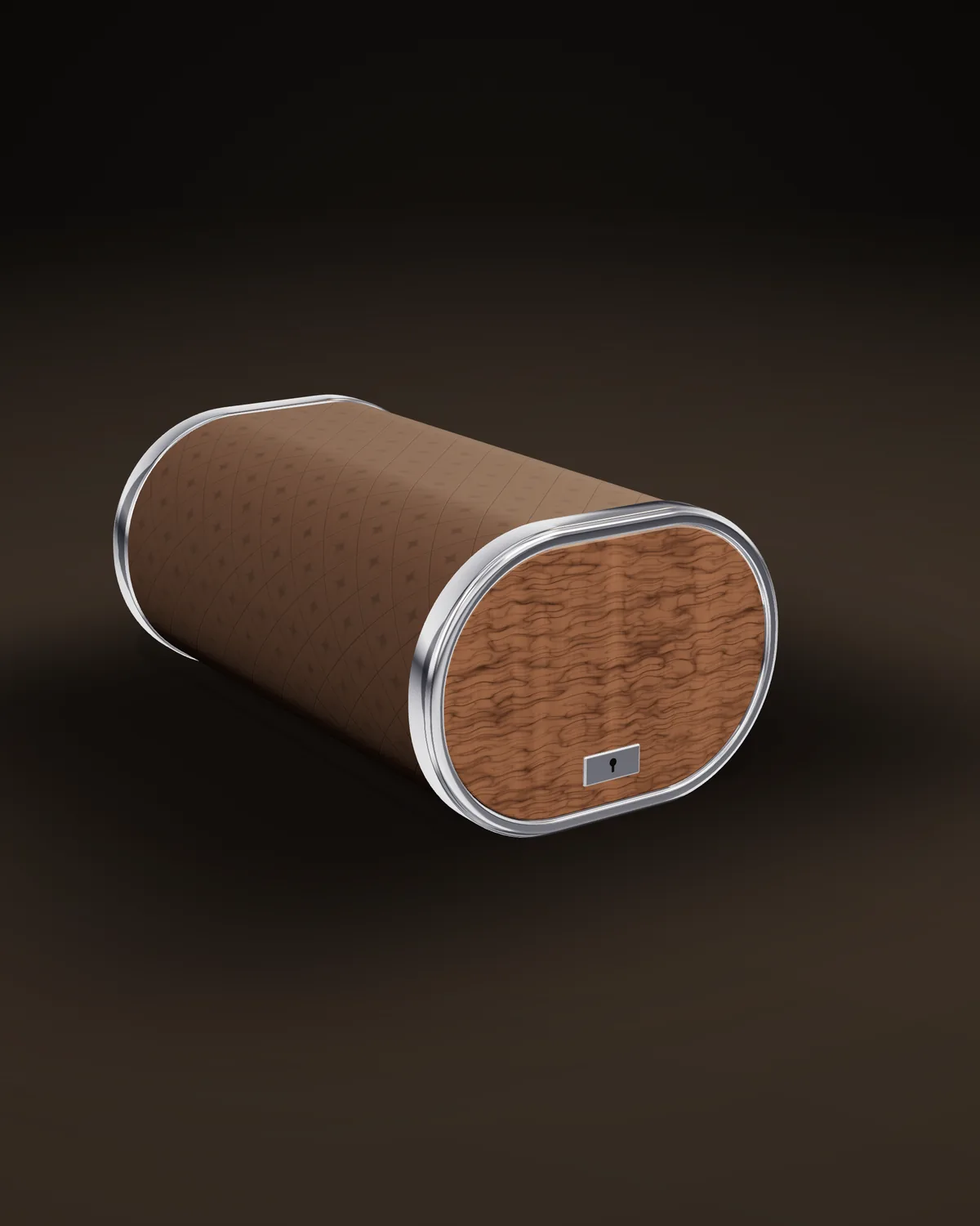 Étui in brown quilted leather with chrome end rings and a figured veneer end cap
