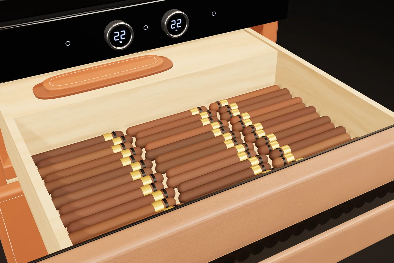 An open cedar drawer holding cigars in neat rows, with a lifted cedar tray