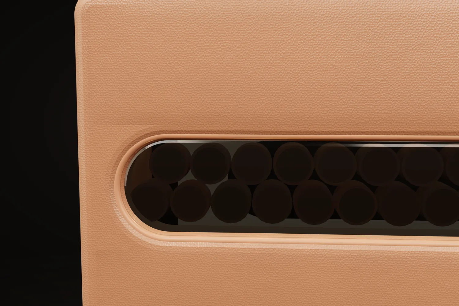 Tan leather drawer front with a rounded viewing window onto rows of cigars