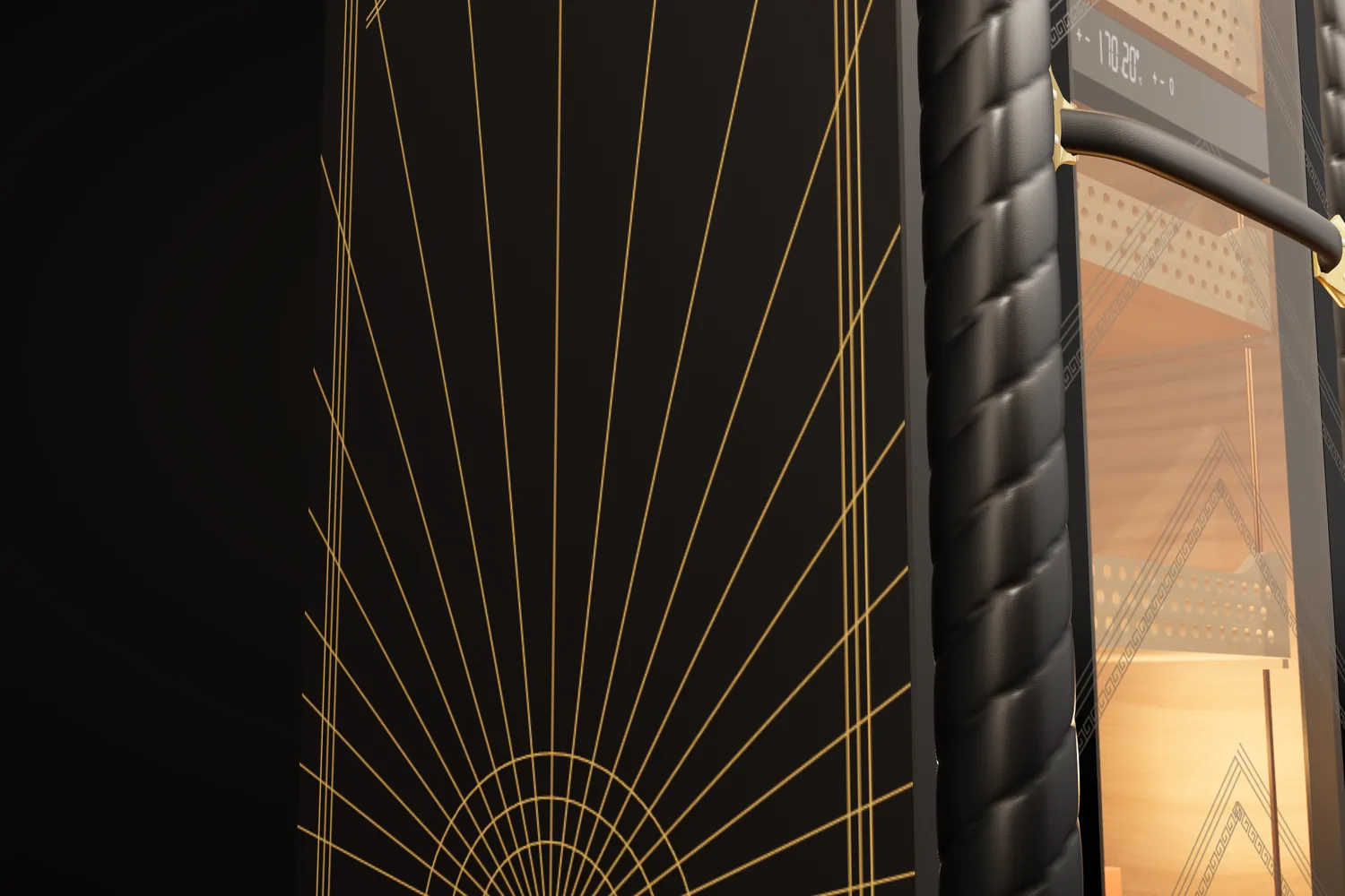 A black side panel traced with a gold Deco sunburst, beside a quilted black leather pillar