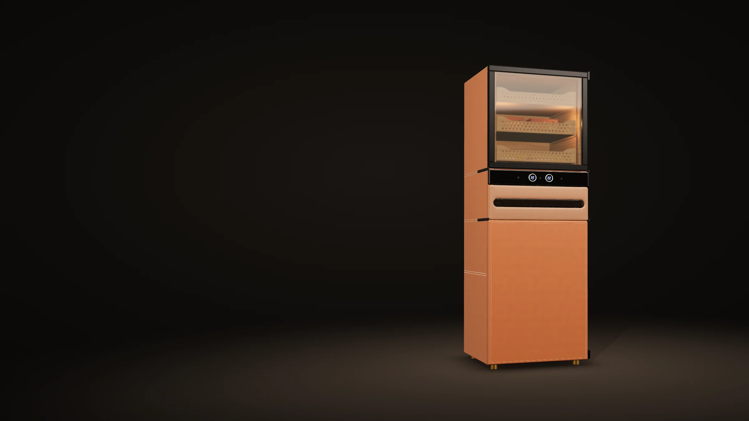 Vesper in tan leather with tonal stitching, its glazed upper chamber lit to show cedar shelves, standing alone in a dark room