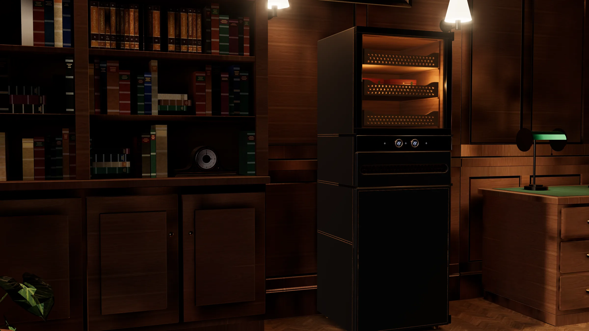 Vesper in black leather, its cedar interior glowing, in a wood-panelled study lined with books
